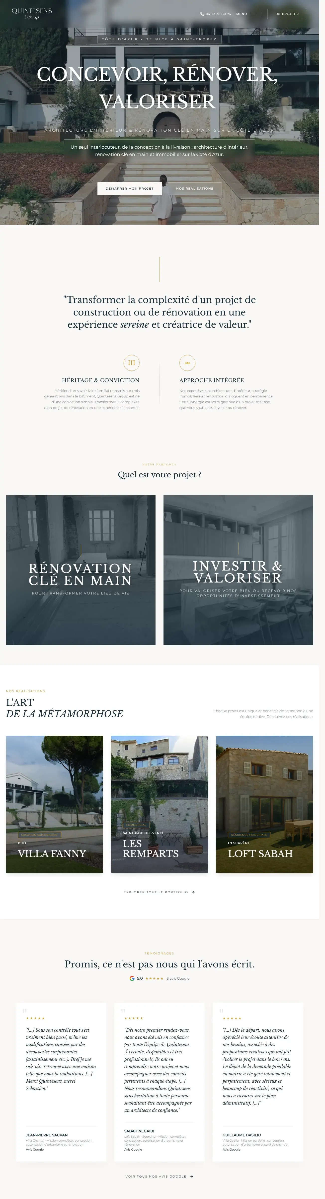 Aperçu du site Quintesens Group : défilement de la page d'accueil